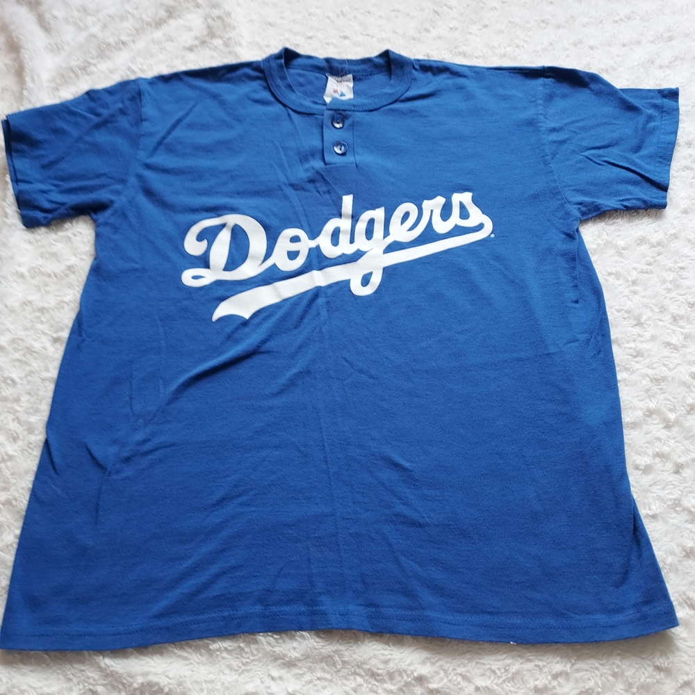 Majestic LA Dodgers Blue Baseball Henley 1/4 Button Front Tee #23 Tucker